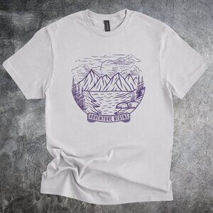 Adventure Begins Mountain Lake Graphic Shirt Outdoor Nature Art Tshirt